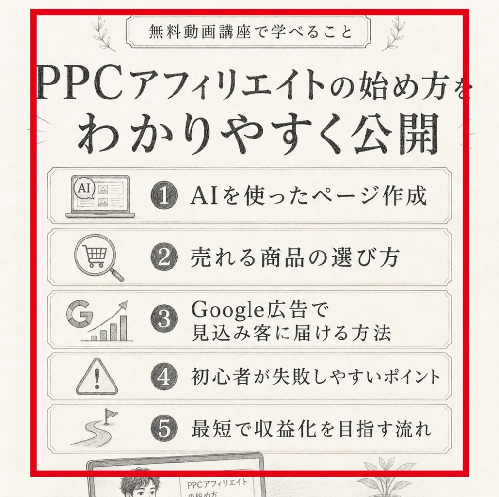 坂本桃太郎のPPCアフィリエイト無料動画講座の5項目