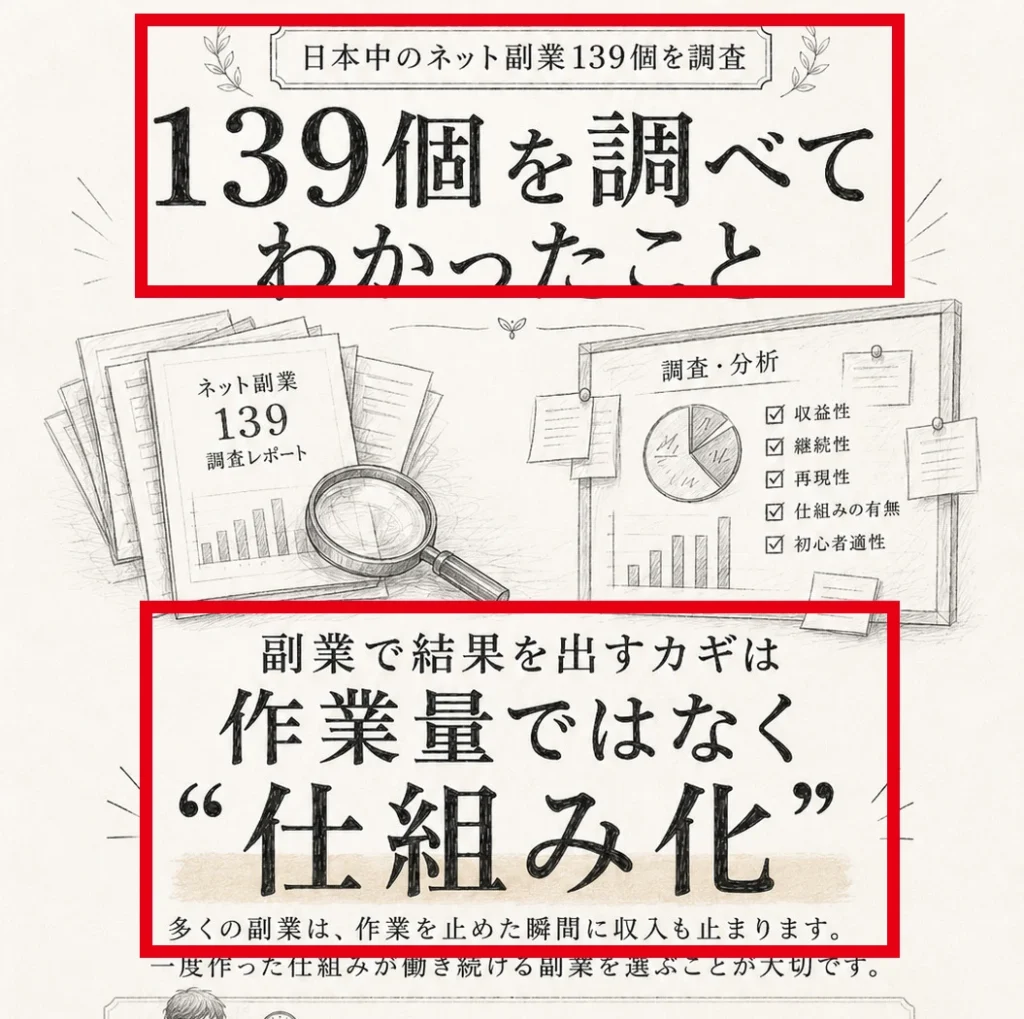 ネット副業139個を調査し仕組み化が重要と説明する案内ページ