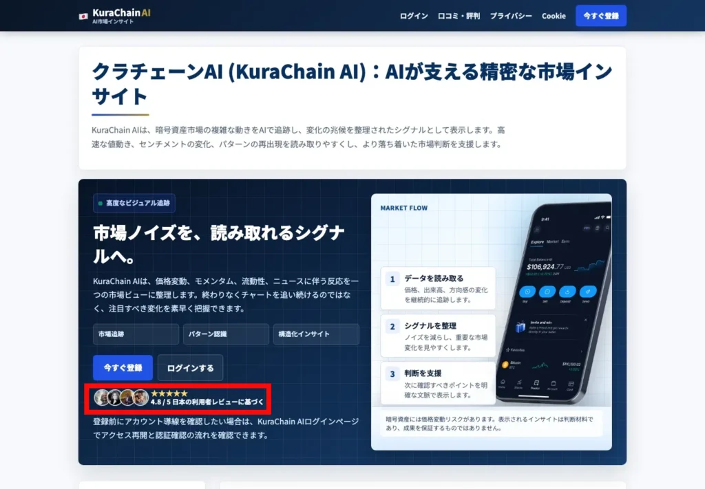 クラチェーンAI公式サイトの4.8点評価と今すぐ登録ボタン