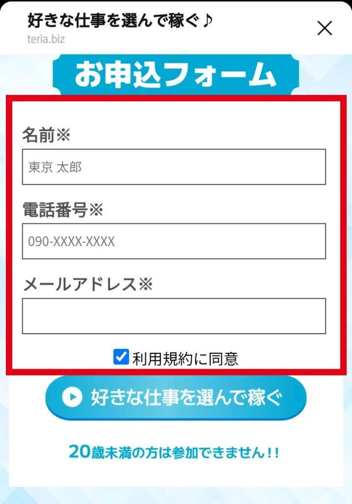 名前、電話番号、メールアドレスと利用規約同意を求めるTeriaの申込フォーム