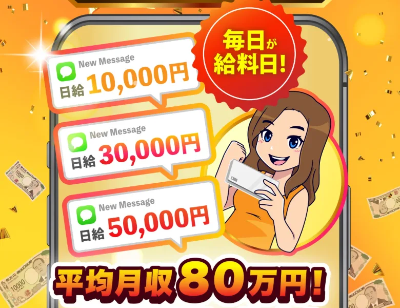 日給1万円・3万円・5万円、平均月収80万円と書かれたウェルシェアの広告ページ