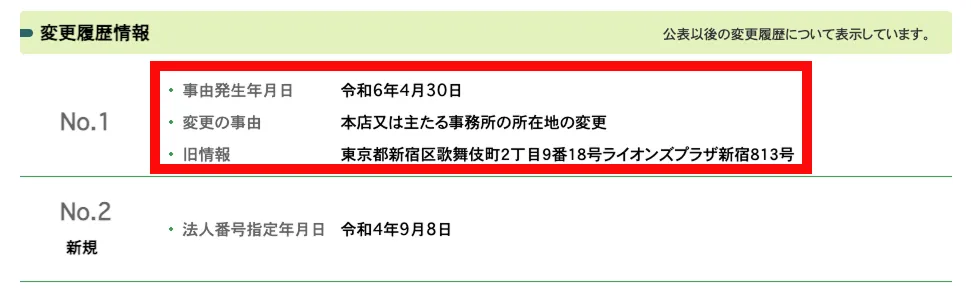 国税庁のサイトで検索した合同会社Renaissanceの変更履歴